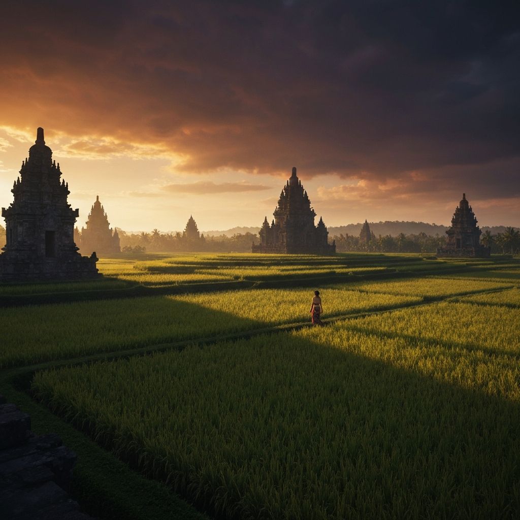 Cinematic Indonesian cultural landscape showcasing traditional architecture and natural beauty